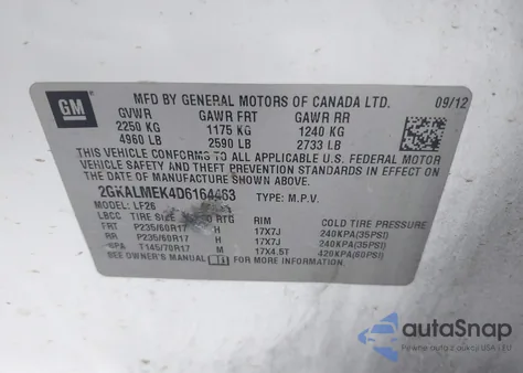 2013 GMC Terrain Sle-1 z USA, uszkodzony, nr VIN 2GKALMEK4D6164463